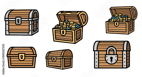 Collection of Cartoon Treasure Chests with Varying States and Security.