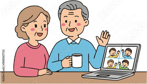 Smiling elderly couple enjoying a video call with grandchildren, connecting across distances with technology