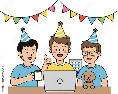 Friends celebrating a birthday remotely via video call, with party hats and a dog