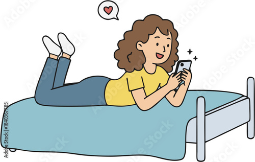 A young woman happily looking at her phone while lying on a bed with a heart icon floating above her head, depicting a moment of connection or affection online