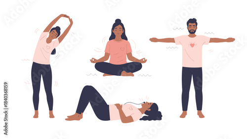 People practicing various healthy habits: stretching, meditating, deep breathing, and light exercise. Concept illustration for wellness, mental health, and stress relief.