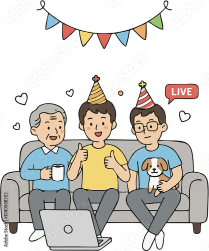 Joyful multi-generational family celebrating a special occasion virtually, engaged in a live video call with party hats and a pet, fostering connection and happiness online