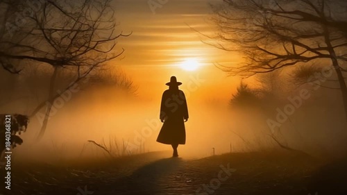 Mysterious Figure Walks Through Foggy Forest at Sunrise.