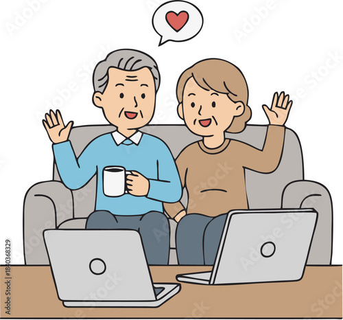 Happy senior couple enjoying a video call on their laptops, sending love and connection