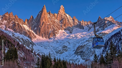 Cable Car Ascending a Snowy Mountain with Clear Blue Sky