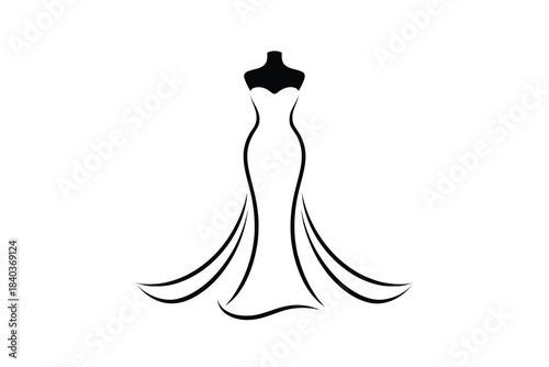 Swirl traditional bridal Black and white stylized illustration of a formal gown on a mannequin dress