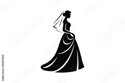 Swirl traditional bridal Black silhouette of a bride in a flowing wedding dress and veil on white background