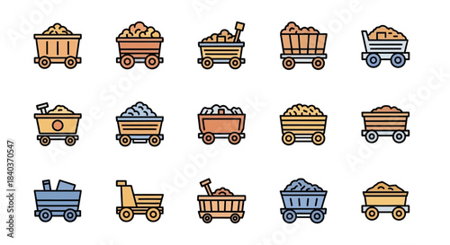 Collection of Mining Cart Icons Filled with Ore.