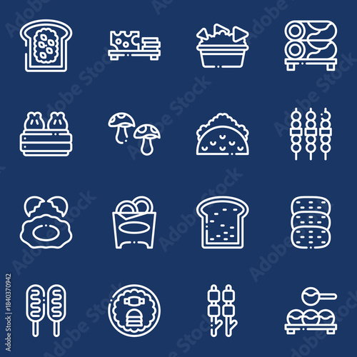 A diverse vector icon set displaying various food items in a modern line art style, perfect for restaurant menus, recipe apps, and culinary design projects