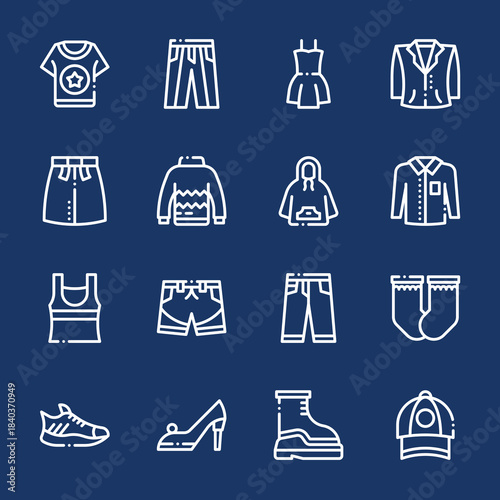 Set of Stylish Vector Line Icons Illustrating a Wide Range of Clothes, Shoes, and Accessories for Fashion-Related Design Projects and Digital Interfaces