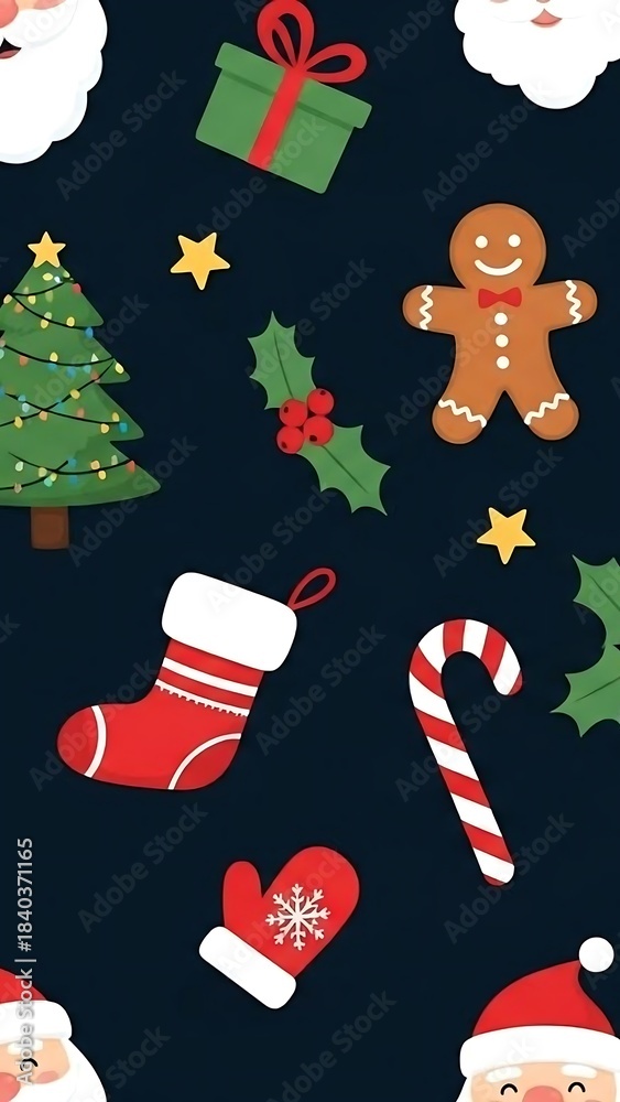Naklejka premium Festive Christmas Pattern with Holiday Icons on Dark Background.