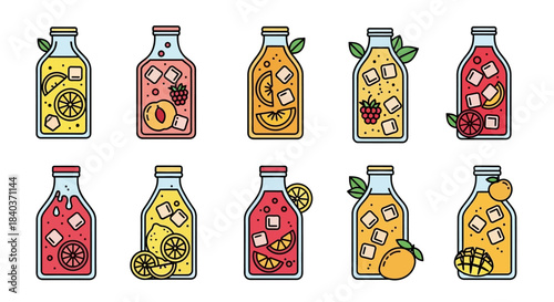 Collection of Refreshing Fruit Drinks in Bottles.