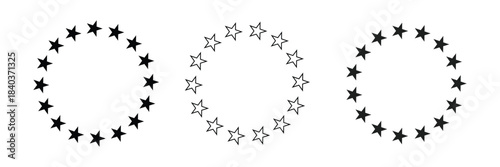 Own Created Star in circle icon set. Frame from stars isolated on white background. Abstract decorative pattern. Circle with black star icon. Vector Illustration.