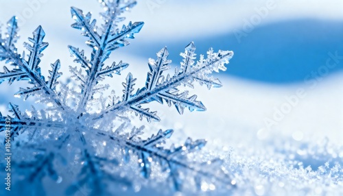 Macro frozen ice crystals with blue winter hues, intricate snowflake patterns, cold frost texture, modern clean Christmas background