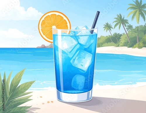 Tropical blue cocktail on a beach