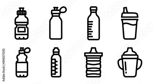 Collection of Water Bottle Icons in Simple Line Style.