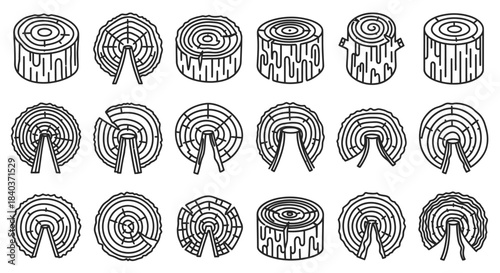 Collection of Wood Log Cross Sections with Growth Rings.