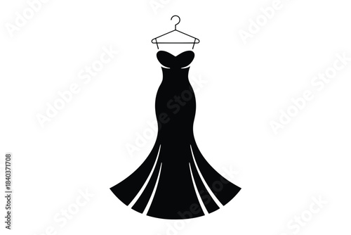 Swirl traditional bridal Black silhouette of a strapless evening gown with flared hem on hanger dress