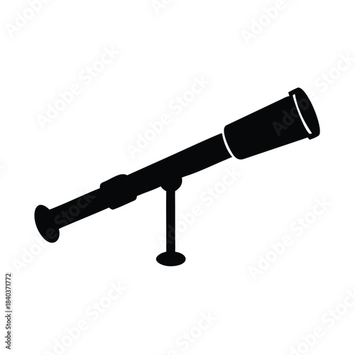 A black silhouette of a vintage telescope on a stand is displayed against a white background.