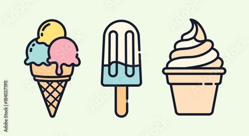 Colorful Ice Cream Treats - Cone, Popsicle, and Soft Serve.