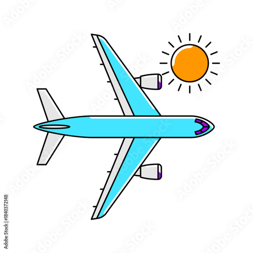 Airplane with sun icon. Air travel and tourism item.