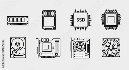 Computer Hardware Components Line Art Icons Set.