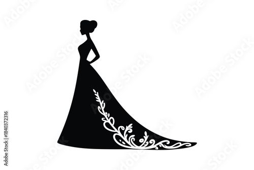 Swirl traditional bridal Black silhouette of a woman in a formal gown with ornate floral embellishments on the train