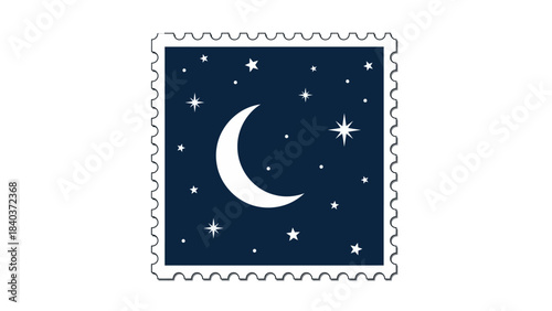 Crescent moon and stars on a postage stamp.