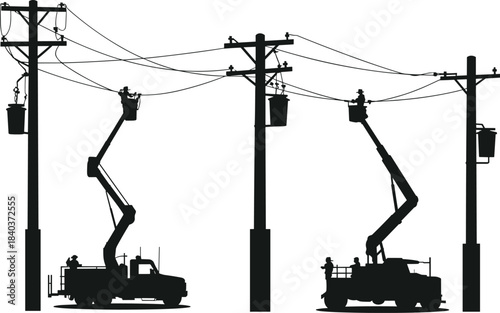 Electrician Utility Workers in Bucket Trucks on Power Poles, Vector Silhouette Illustration of Electrical Service, Maintenance, Repair, and Infrastructure Concept