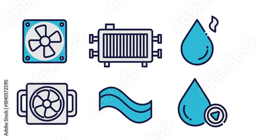 Cooling System Icons - Fan, Radiator, Water Drops, and Wave.