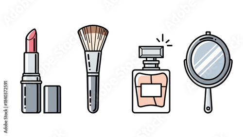 Cosmetic Essentials - Lipstick, Brush, Perfume, and Mirror Illustration.