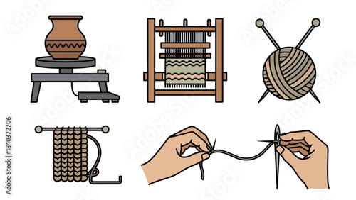 Crafting and Textile Arts - Pottery, Weaving, Knitting, and Crochet Illustrations.