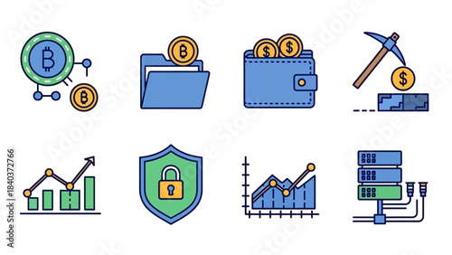 Cryptocurrency and Blockchain Technology Icons Representing Digital Finance.