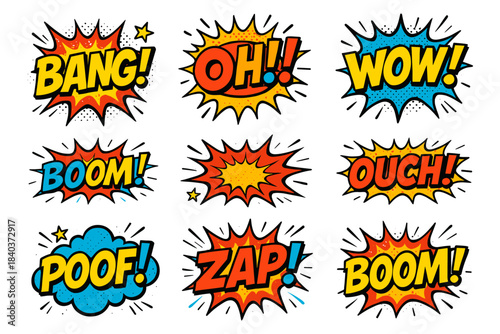 Comic explosions illustrated in energetic pop art style. Displays bam, boom, wow, poof, bang, smash, ouch, and zap bursts with vibrant contrast