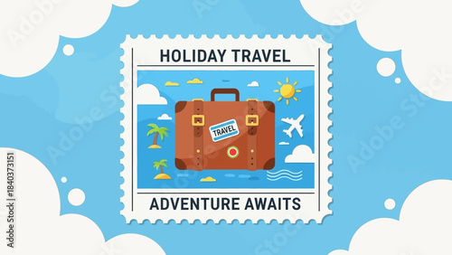 Holiday Travel Adventure Awaits Stamp Illustration.