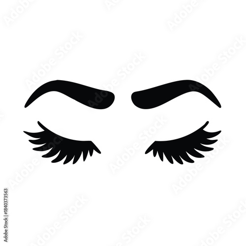 A close-up illustration of closed eyes with full eyelashes and arched eyebrows.