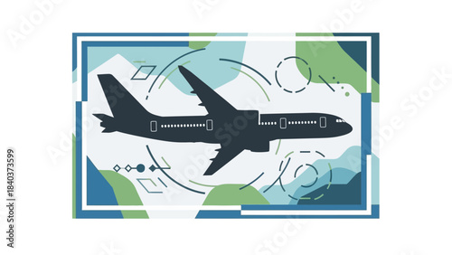 Modern Jet Airplane Silhouette with Technical Blueprint Elements.