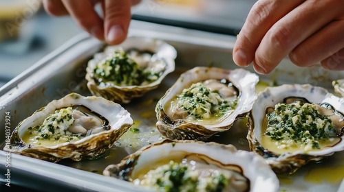 Chef preparing Oysters Rockefeller in professional kitchen, hands placing herb butter mixture onto fresh oysters in shells, stainless steel baking tray, cooking preparation scene