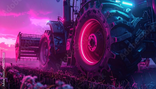A tractor sits in a field with a pink and purple glow, with neon rims shining brightly at dusk