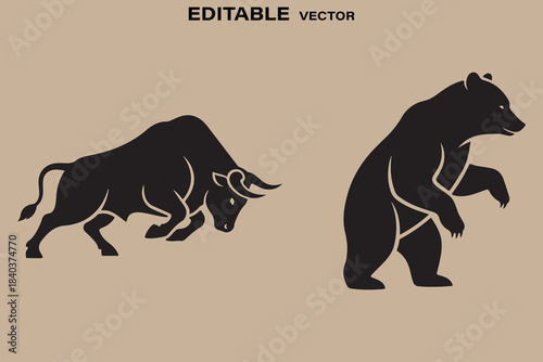 Black silhouette of a bull and a bear on a beige background