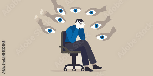 Overwhelmed individual seated surrounded by multiple watchful eyes in illustration