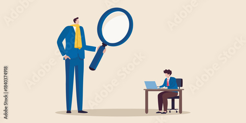 A large figure inspecting a person working on a laptop with a magnifying glass