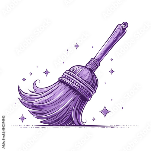 Whimsical Purple Witch's Broom Illustration with Sparkling Dust for Halloween or Fantasy Designs