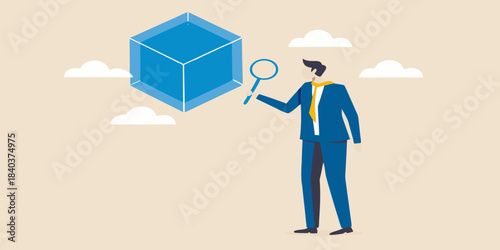 A businessman examines a blue cube with a magnifying glass concept illustration