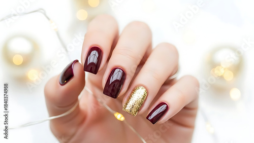 Close up of a female hand with a festive burgundy and gold glitter manicure holding warm fairy lights on a white background for Christmas and New Year beauty concepts.

