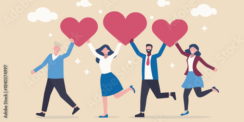 People joyfully holding red hearts aloft in a celebratory illustration