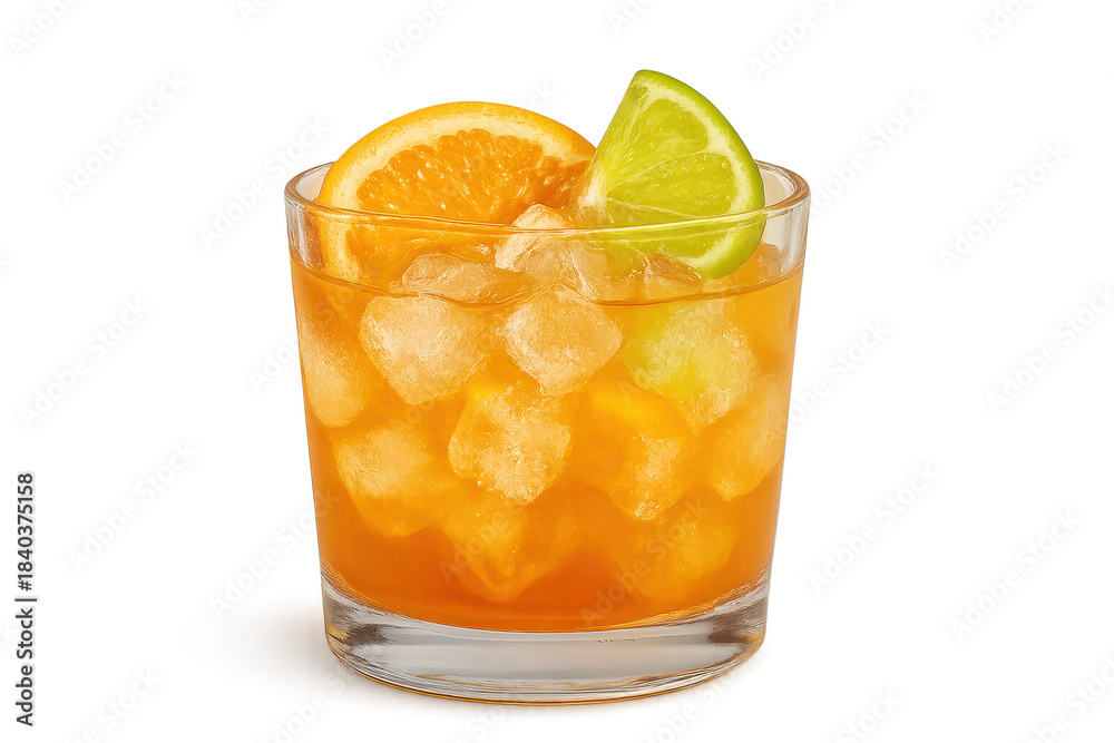 Naklejka premium Refreshing orange cocktail with ice and citrus garnish, transparent background.