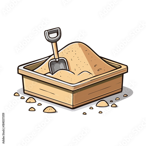 Cartoon sandbox illustration with tan sand and toy shovel for kids playing