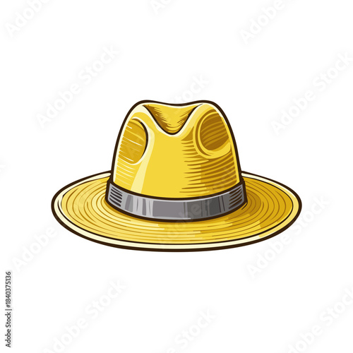 Bright yellow fedora hat illustration with stylish gray band for summer sun protection and fashionable accessory design