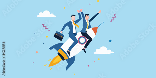 Business professionals launching on a rocket symbolizing success and rapid growth